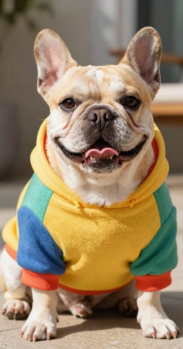 Un bulldog francés con una sudadera polar de colores primarios está sentado al aire libre