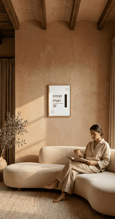Amazigh “Aman Iman” wall art in warm clay-toned living room with woman reading on curved sofa
