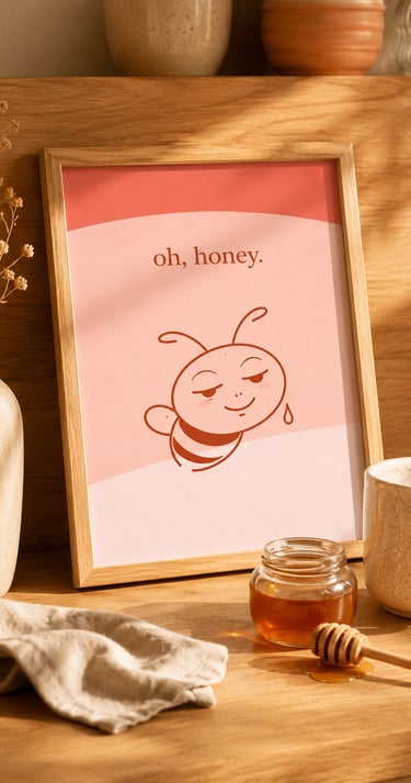 Minimalist wall art poster with cute bee illustration and “oh, honey” quote in warm neutral kitchen setting