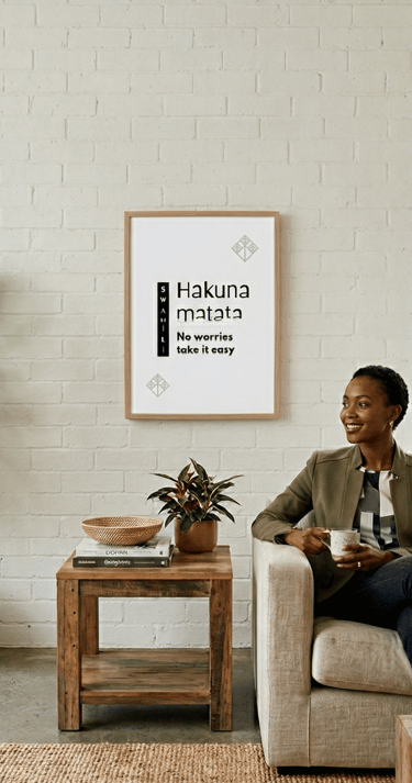 Swahili “Hakuna Matata” wall art in bright living room with woman relaxing and holding coffee