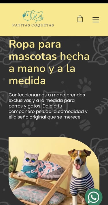 Página web de ropa de mascotas hecha a mano a medida, con un gato y perro luciendo trajes de verano.