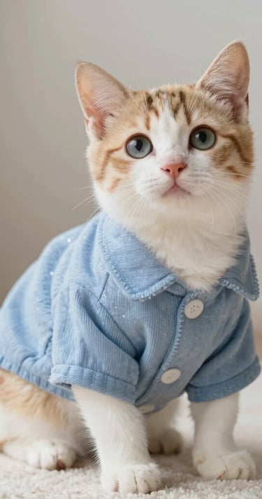 Gatito naranja y blanco con una camisa azul abotonada está sentado sobre una alfombra bllanca
