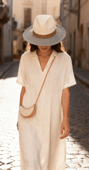 femme se promenant dans la rue, portant le chapeau de paille LIPARI UPF50+