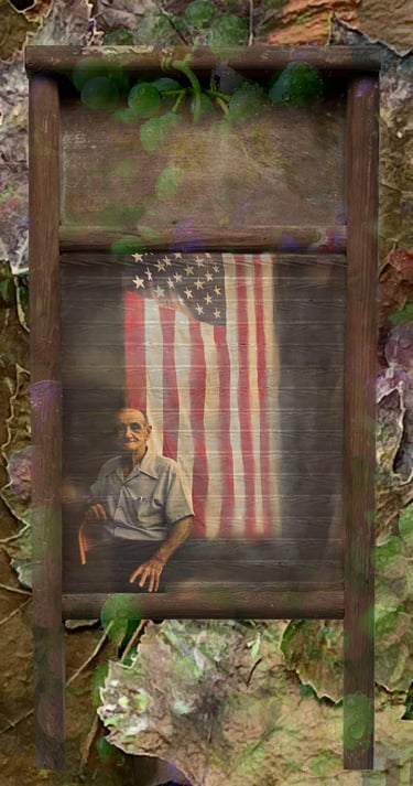 Surreal artistic collage featuring an elderly man and American flag on a rustic wooden washboard.