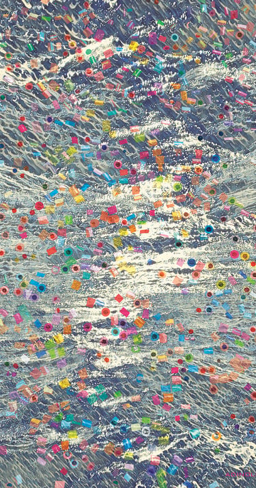 Abstract digital painting and collage  of blue ocean waves with colorful geometric confetti shapes.