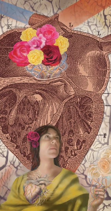 Surreal digital collage featuring a woman and anatomical heart diagram with colorful blooming roses.