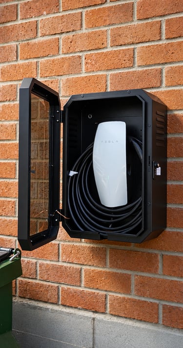 Tesla Wall Connector Level 2 EV charger installed inside a lockable weatherproof enclosure