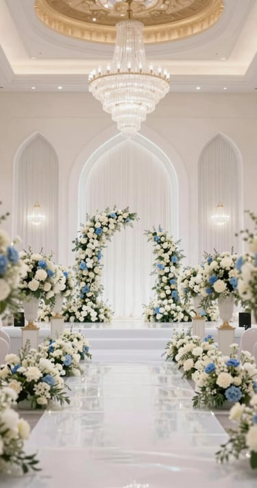 Elegant wedding invitation suite with gold wax seals, blue silk ribbons, and grey envelopes.