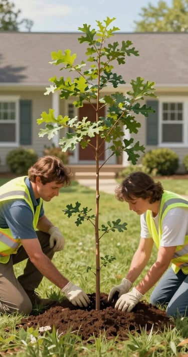 two arborists planting a tree in front of a house