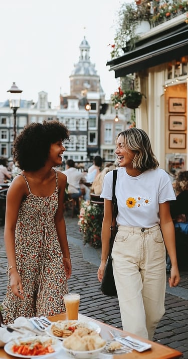 Two friends laughing outside a lively Amsterdam restaurant, enjoying time together at a local dining
