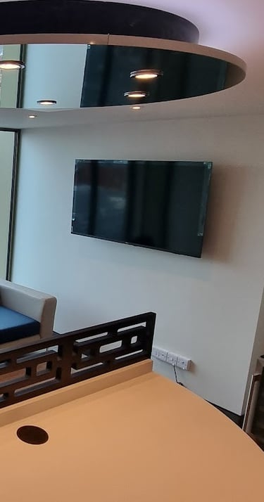 MountMyTV - Phillips 65" TV mounted on a wall in a university communal area