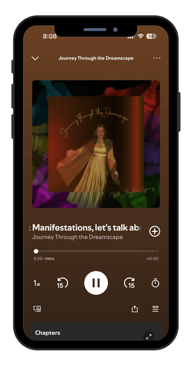 a phone screen showing a picture of a woman in a dress on a spotify podcast