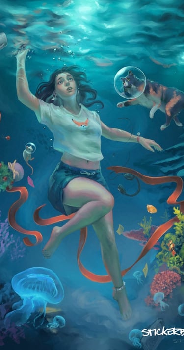 Illustration commission of a girl with her animal companions underwater trying to get out of her own darkness