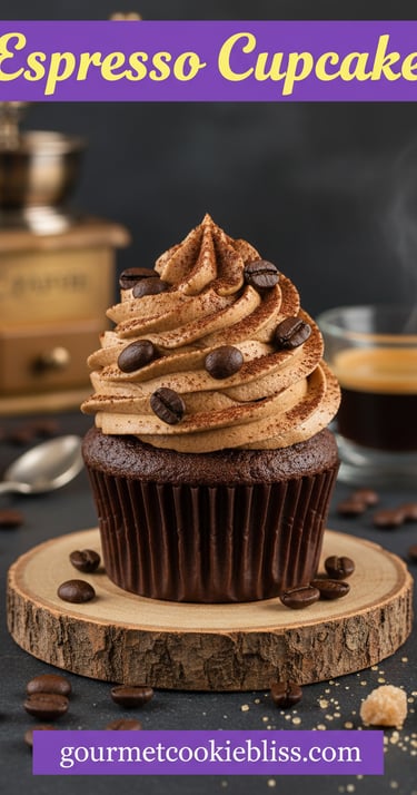 A single, perfectly frosted brown sugar espresso cupcake, adorned with espresso beans and cocoa dust