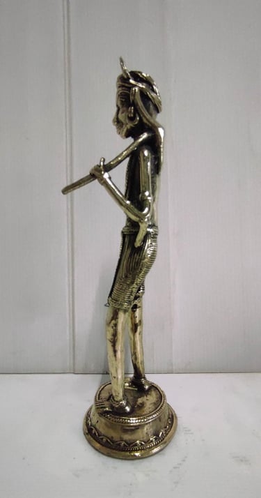 "Brass Tribal Man Sculpture Holding Axe–Left Side View-for foreign markets"