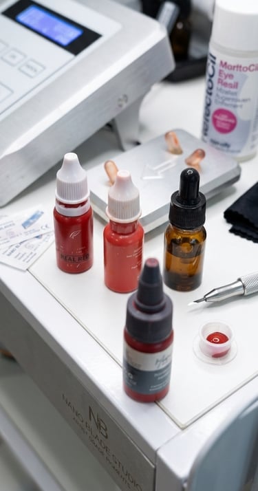 Professional microblading supplies including red tattoo ink pigments, a needle tool, and mixing equipment.