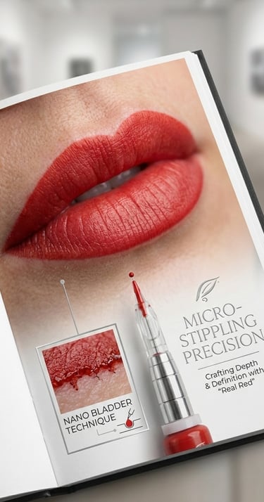Permanent makeup micro-stippling technique for red lip blush using a precision nano needle.