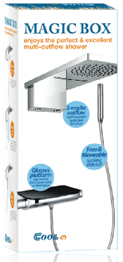 Magic Box multi-outflow shower system packaging featuring a rain shower head and handheld sprayer.