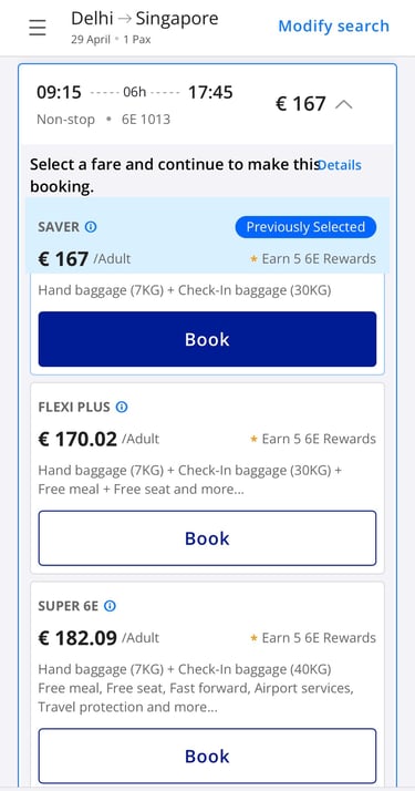 Tarifas y equipaje incluido con IndiGo