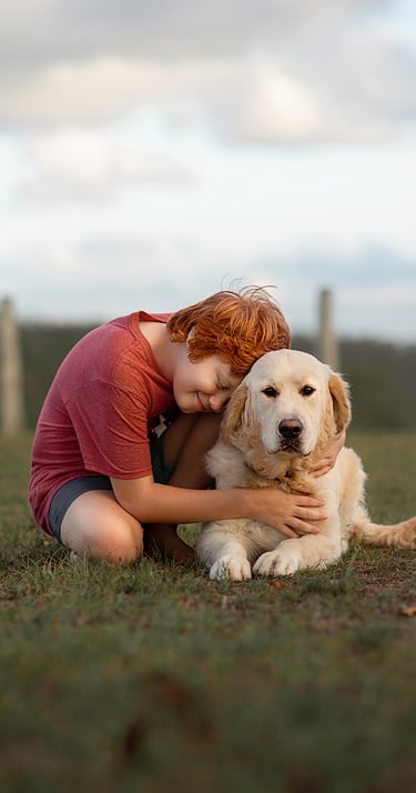 a boy is sitting on the grass and hugging a dog