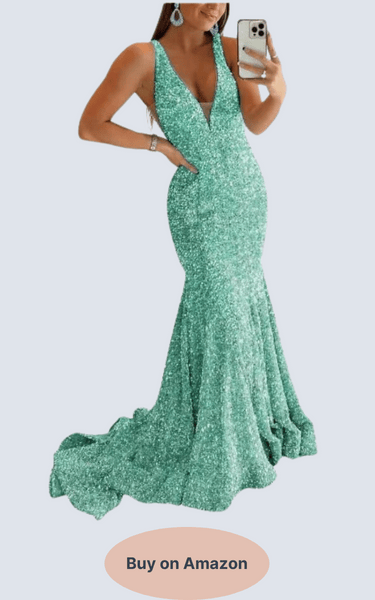 Zepumen Sparkly Sequin Prom Dresses for Women Long Mermaid Deep V-Neck Formal