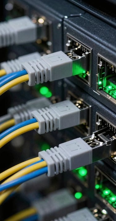 Close-up macro shot of structured network cabling, ultra-neat color-coded bundles secured with precision, subtle green status LEDs glowing in a dark server room, crisp industrial photography