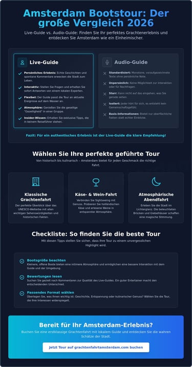 Infographic comparing live guide vs audio guide for an Amsterdam canal cruise with booking tips.