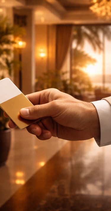 Main utilisant une carte-clé sur une serrure en laiton dans un hôtel de luxe, ambiance chaleureuse et vue tropicale