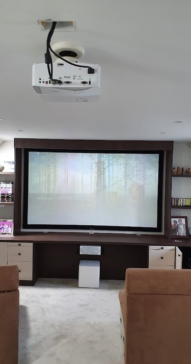 MountMyTV - Epson ceiling mounted projector, 100" fixed frame screen and Wharfdale home cinema