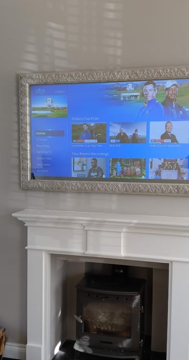 MountMyTV - Samsung 65" TV and custom made TV frame with mirror glass