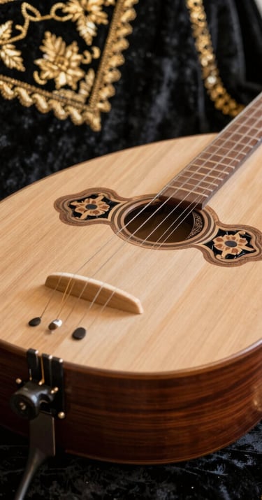 A close-up of a traditional Moroccan string instrument, an oud, resting on a dark velvet surface with gold embroidery, highlighting the intricate wood craftsmanship.
