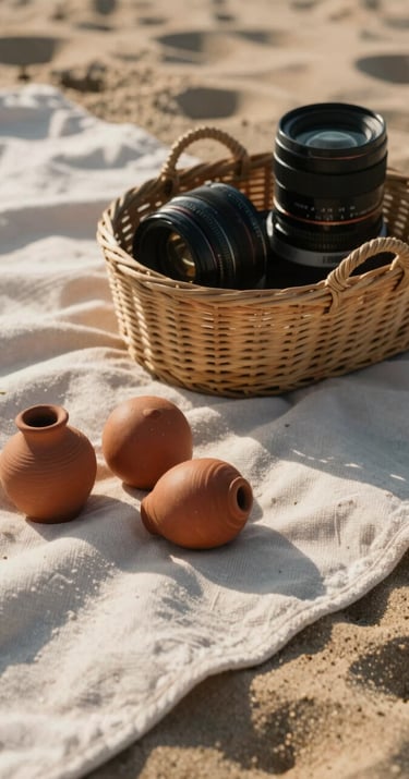 Close up of a picnic blanket on soft sand, charcoal basket and terracotta fruit, warm afternoon sun, cinematic lifestyle photography.