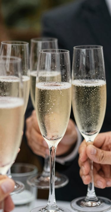 Elegant close-up of champagne glasses being raised for a toast at a North American / US event, sharp focus on the bubbles, Warm Off-white and Dark Charcoal tones.