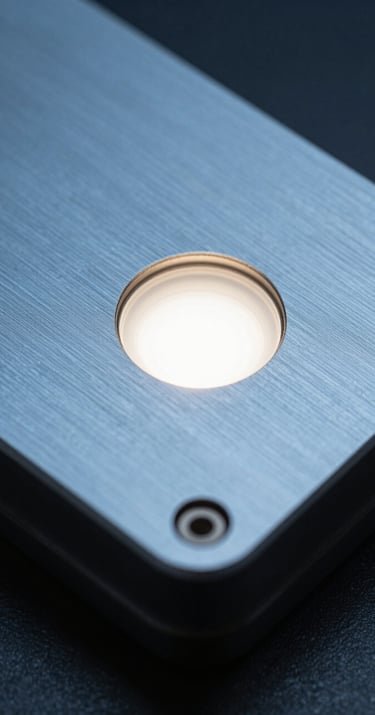A close-up of a hardware security module. The surface is brushed metal (soft steel blue) with a single focused off-white light highlighting the industrial design.