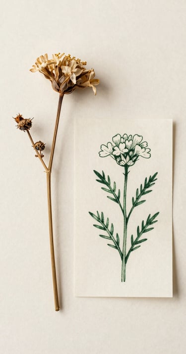 A minimalist composition on a cream background featuring a single, real dried wildflower stem placed next to its hand-drawn counterpart in dark forest green ink on a small scrap of textured paper.