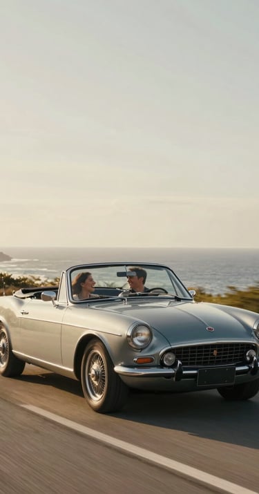 A cinematic wide shot of a vintage convertible car driving along a coastal road, a couple laughing inside. The light is soft sand and warm gold.