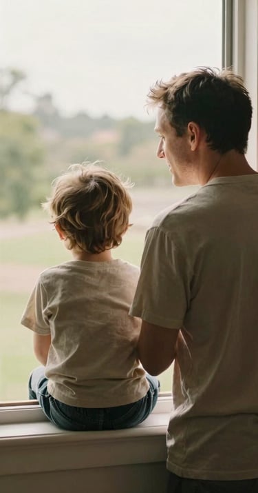 A father and child looking out of a window together in a sun-drenched North American home, cinematic backlighting, soft shadows and warm beige tones.