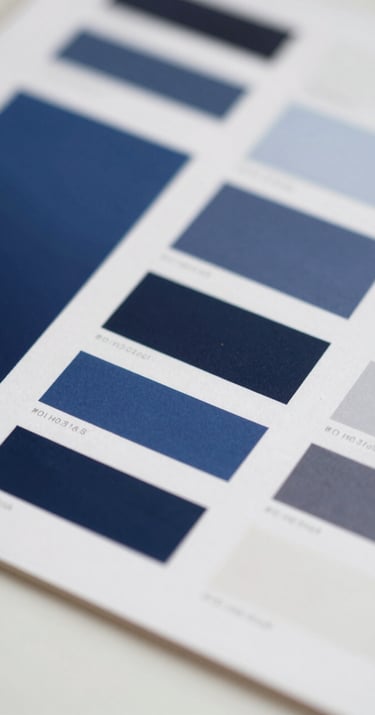 Close-up of a high-end designer's mood board showing color swatches in #1E3F66 and typography samples, soft professional studio lighting.