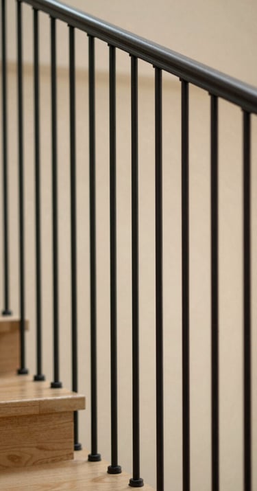 A close-up photograph of a minimalist railing system made of slim, matte black steel rods. The railing follows the curve of a light wood staircase. The lighting is soft and natural, emphasizing the industrial elegance and warm minimalism of the design.