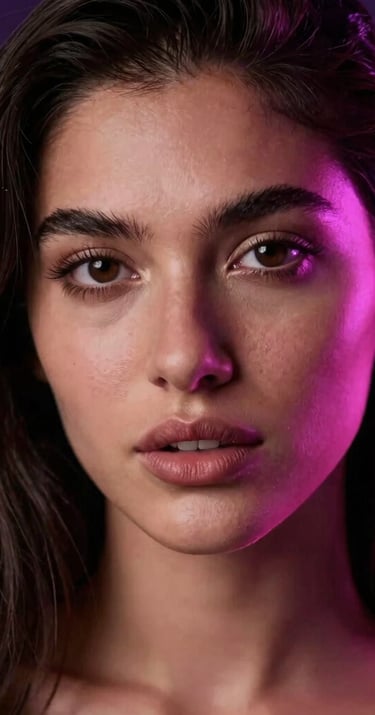 Seductive close-up photography of an elegant female model casting a mysterious look towards the camera, dramatic deep violet and magenta backlighting, luxurious adult entertainment aesthetic, Latin American / Global style.
