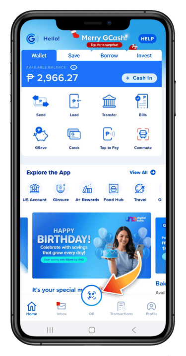 In your Gcash Dashboard, click the QR scan.
