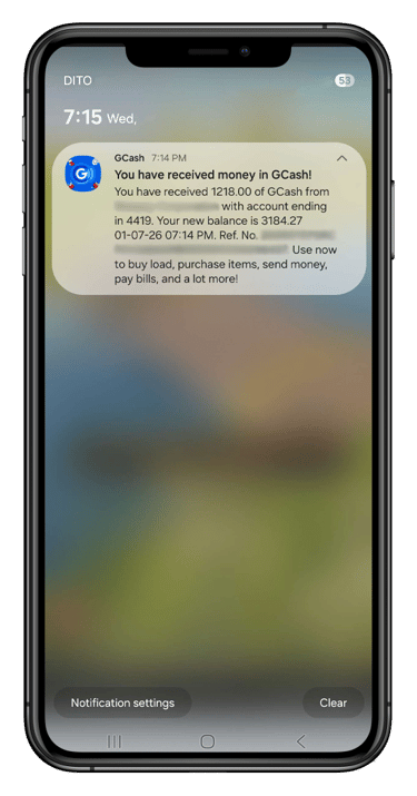 In just 1-5 minutes, you'll receive a notification from GCash. Congratulations!