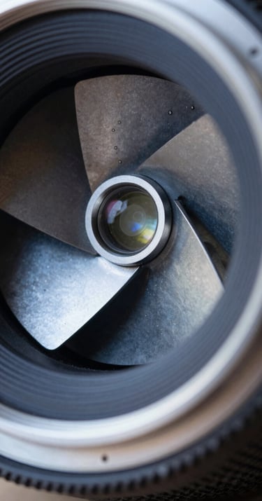 Macro photography of an aperture blade mechanism inside a lens, light silver metal against dark blue-gray shadows, industrial and technical feel.