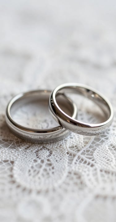 Close-up of wedding rings on a soft white lace background, professional macro photography, elegant and minimalist composition.