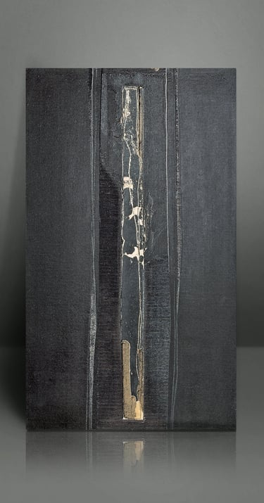 Abstract mixed media painting in black and gold with vertical textured lines and distressed accents.