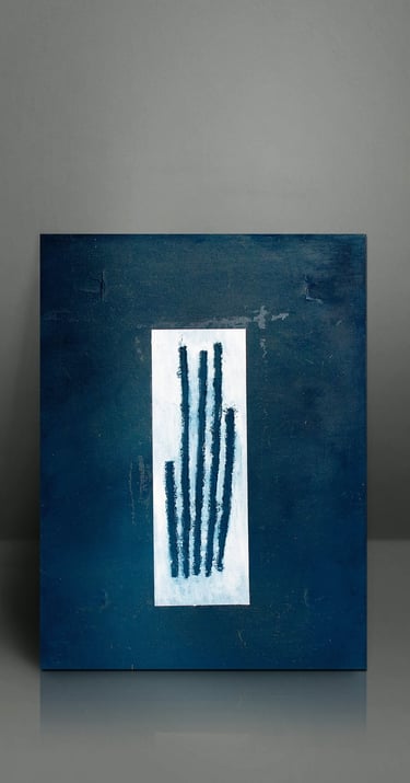 Minimalist abstract blue painting with vertical dark brushstrokes on a white rectangular center.