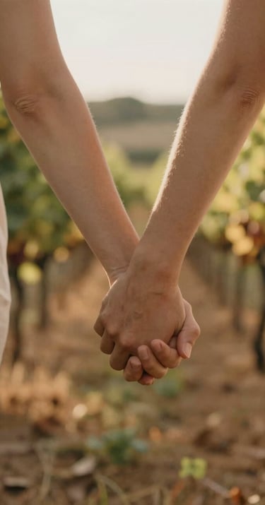 Close-up of a couple's hands intertwined, walking through a warm, sun-lit vineyard. Soft cinematic blur in the background, authentic textures, featuring warm earthy hues of #8C4C38.