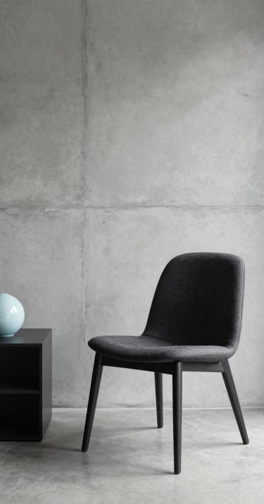 Professional photography of a minimalist interior space in São Paulo, featuring a single dark charcoal chair against a light grey concrete wall. A subtle baby blue decorative object sits on a side table. Soft, natural light creates elegant shadows.