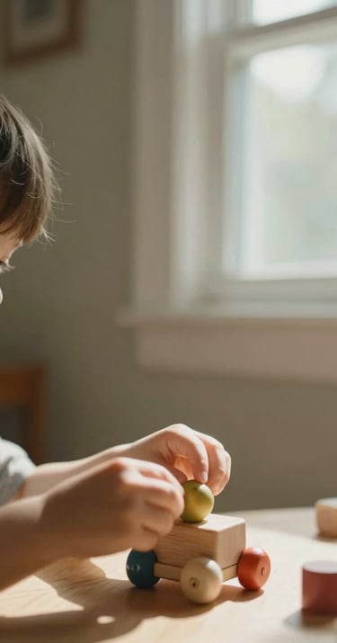 A candid close-up of a child playing with a wooden toy in a North American / US home. Sun-drenched window light, soft sand colored walls, authentic and warm atmosphere.