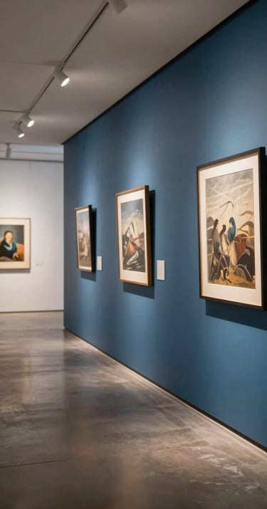 A photograph of a modern North American / US art gallery hallway with steel blue walls and warm, focused spotlighting.